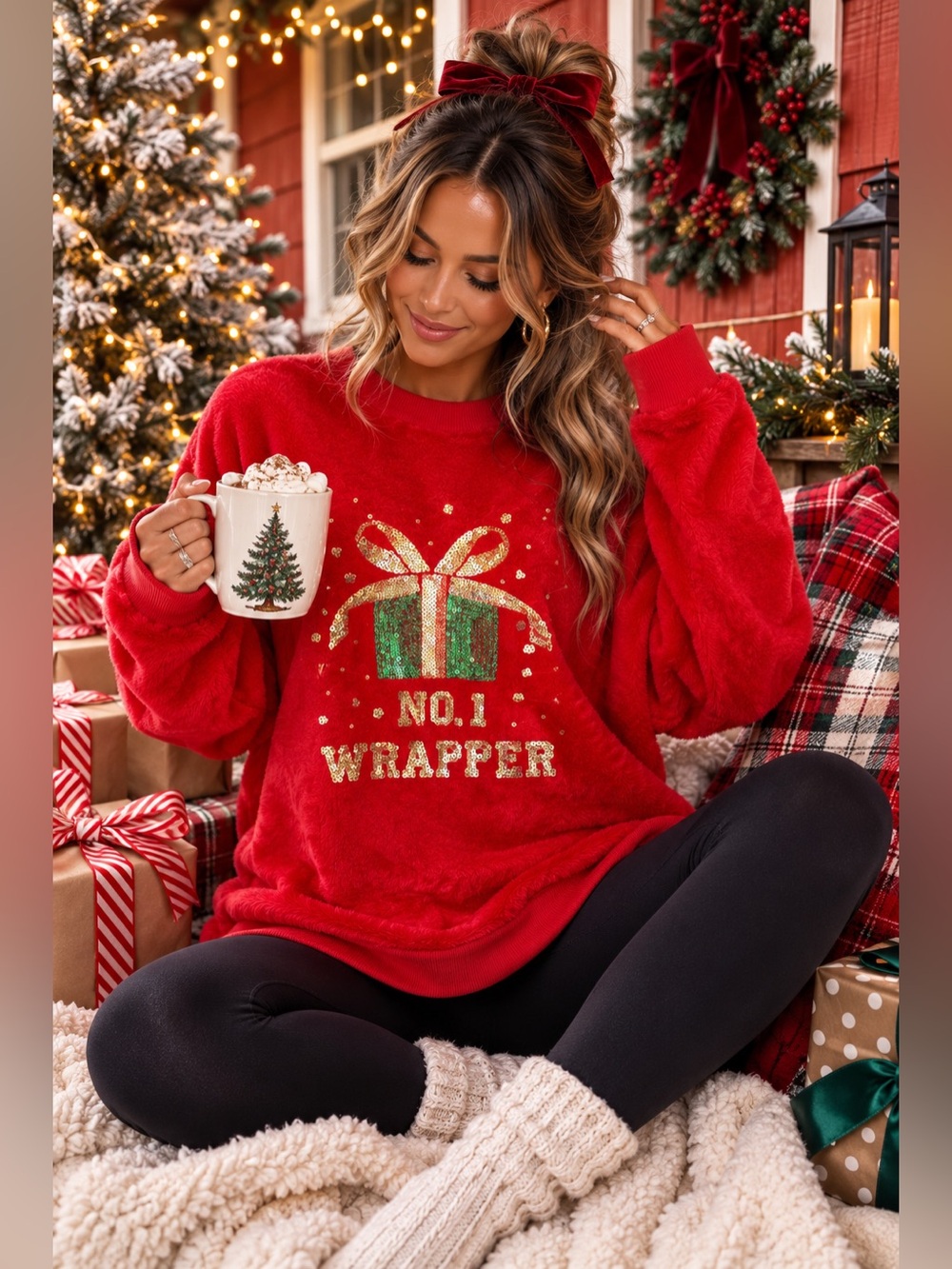 Weekending “No. 1 Wrapper” Plush Christmas Sweatshirt –Red Sequin Holiday